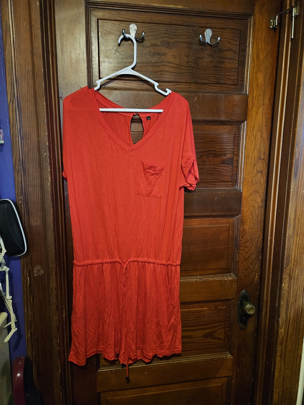 Women's Red V-Neck Casual Pocket Drawstring Romper W Shorts